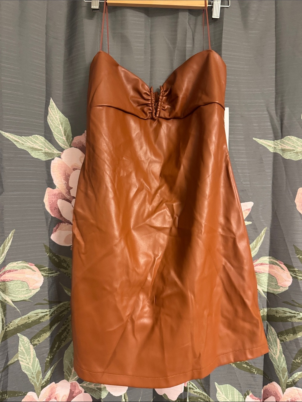 Rust Brown Strapless Faux Leather Mini Dress